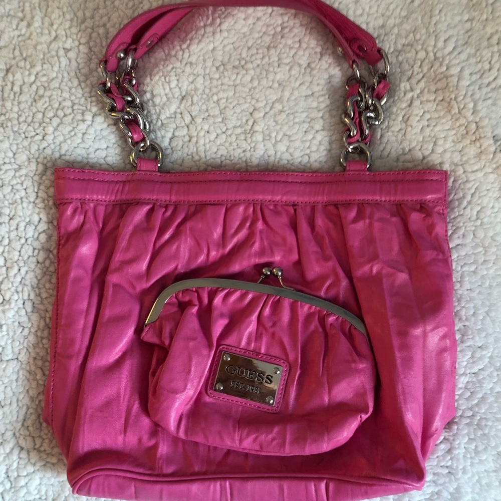Pink Guess chain strap shoulder bag with heart print lining